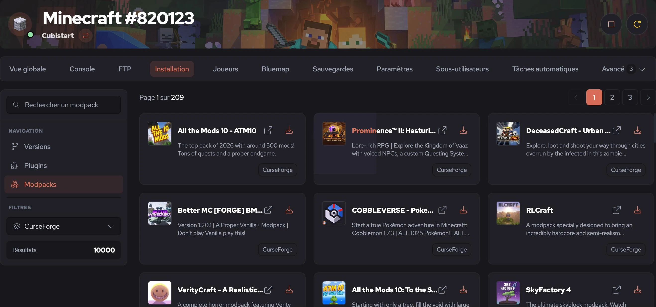CurseForge modpack catalogue